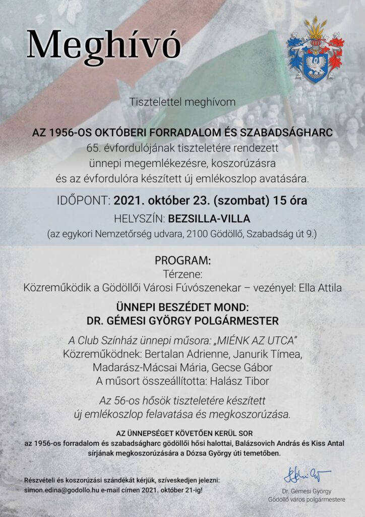 Gödöllő Város Önkormányzata - Meghívó az '56-os forradalom és szabadságharc 65. évfordulója tiszteletére rendezett városi megemlékezésre