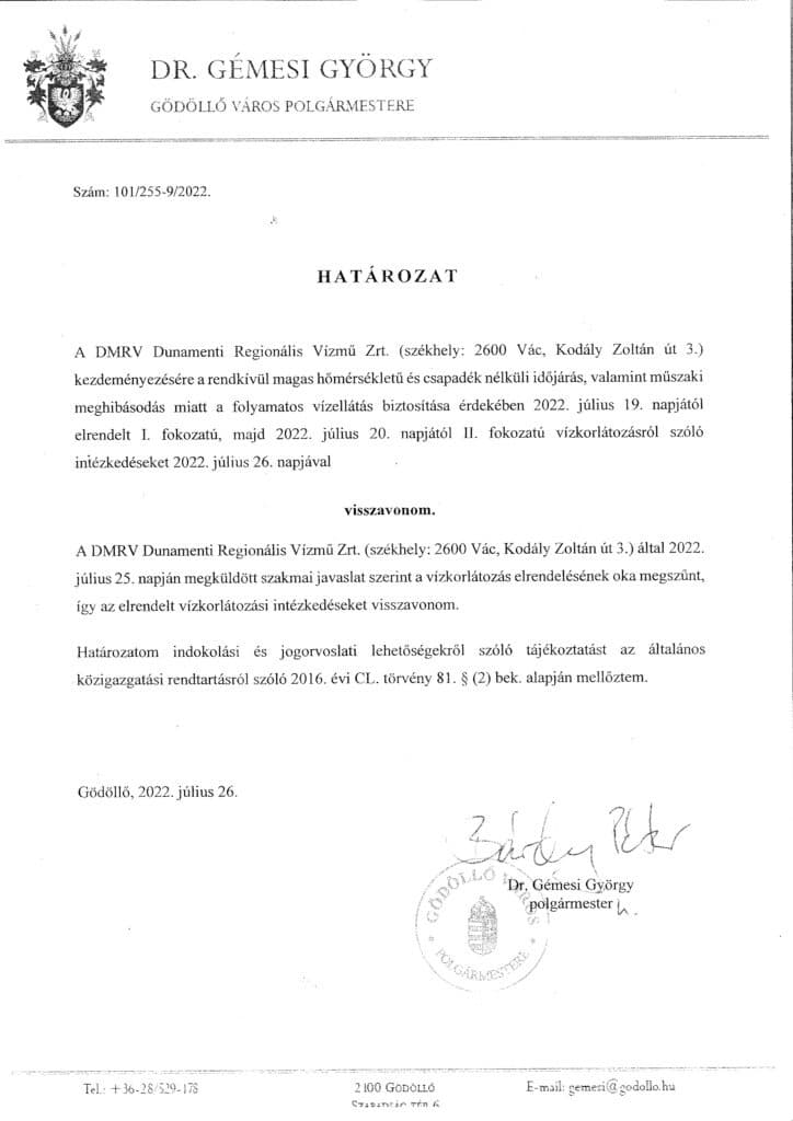 Gödöllő Város Önkormányzata - Megszűnt a vízkorlátozás