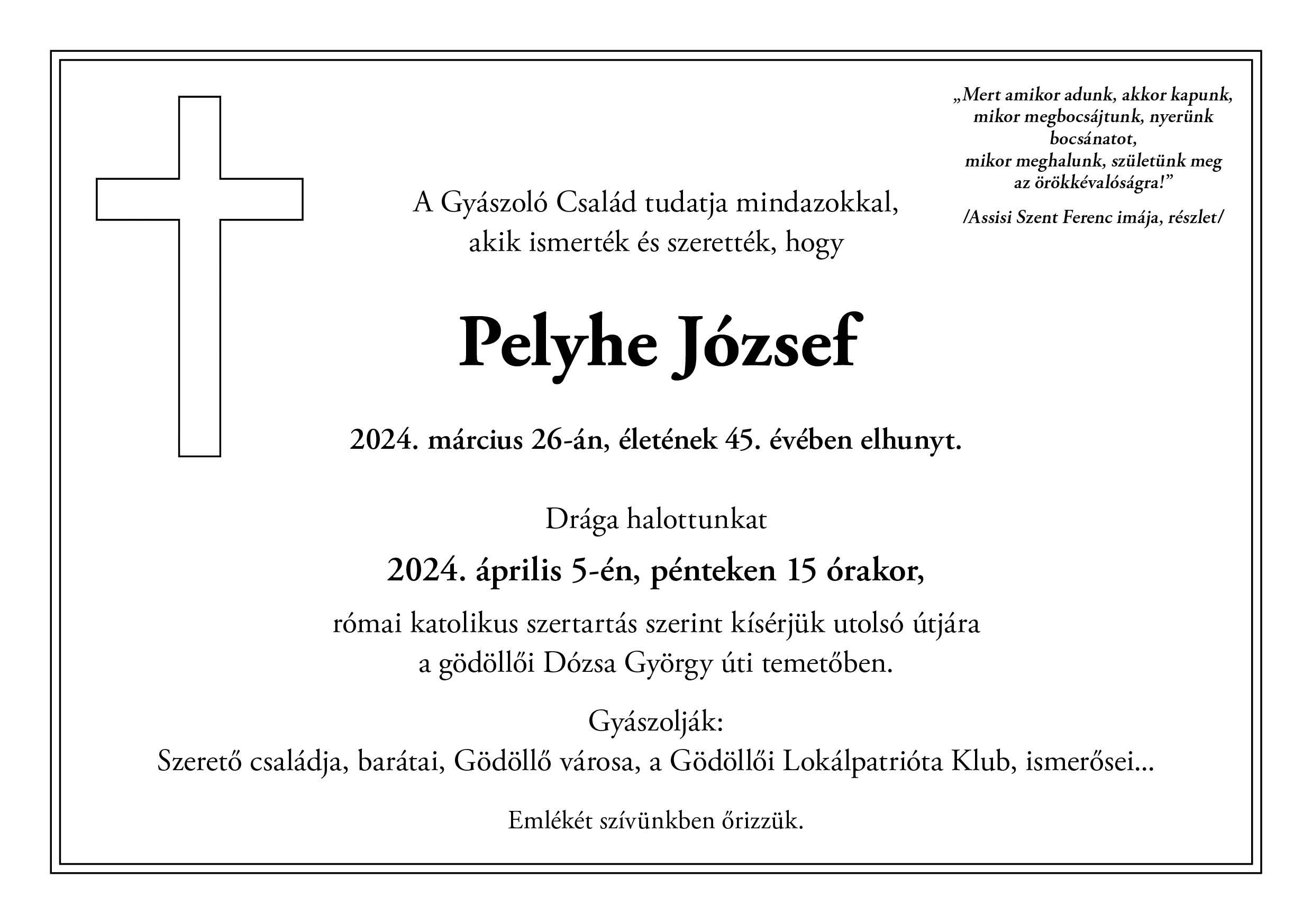 Gödöllő Város Önkormányzata - Pelyhe József gyászjelentés
