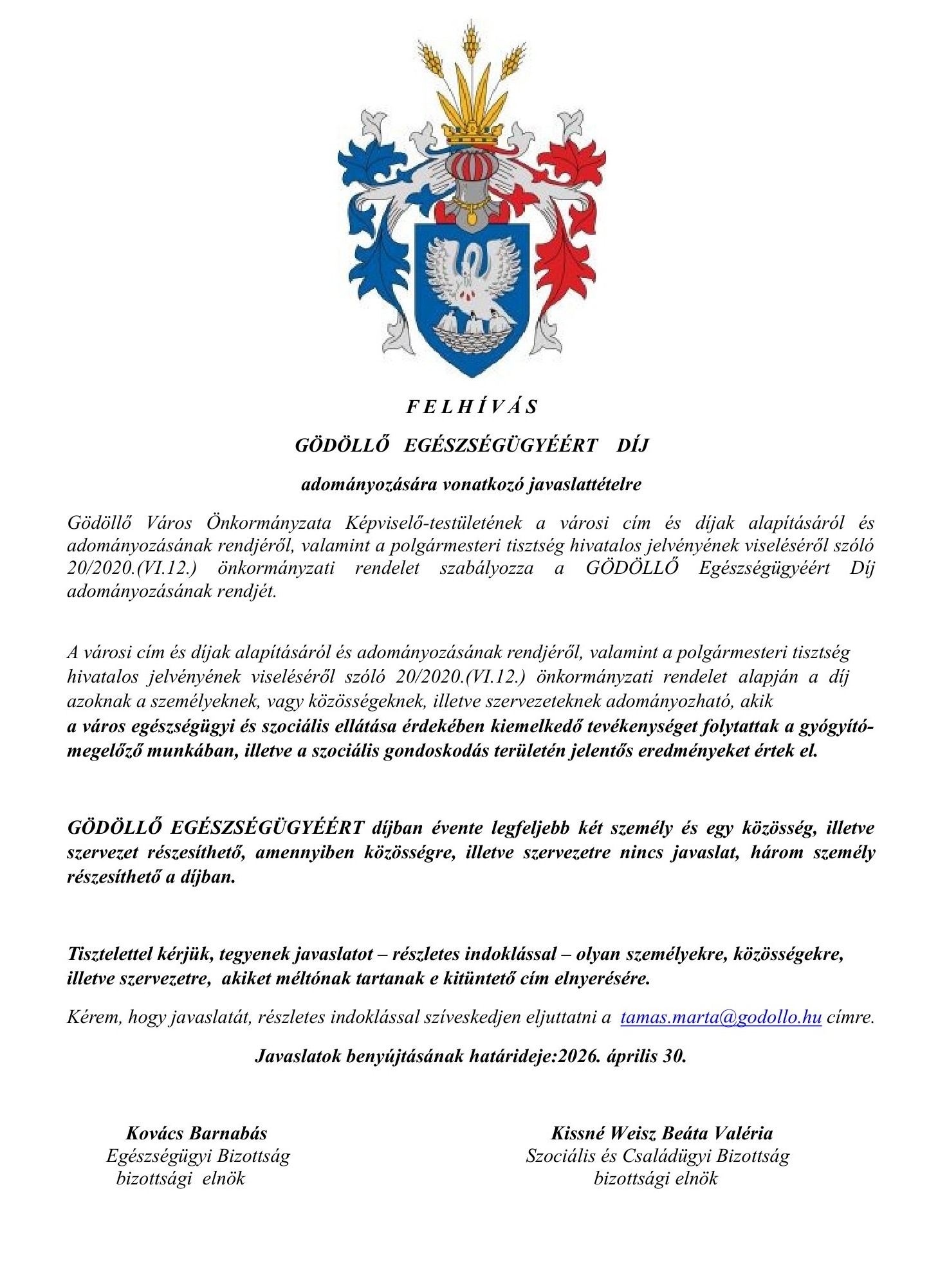 2026 F E L H Í V Á S Gödöllő Egészségügyéért Díj-1