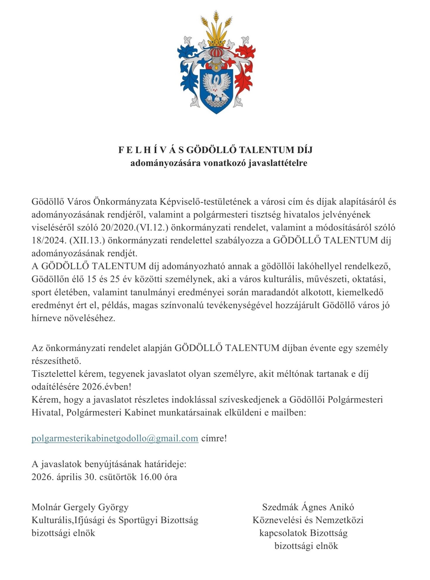 F E L H Í V Á S GÖDÖLLŐ TALENTUM DÍJ-1