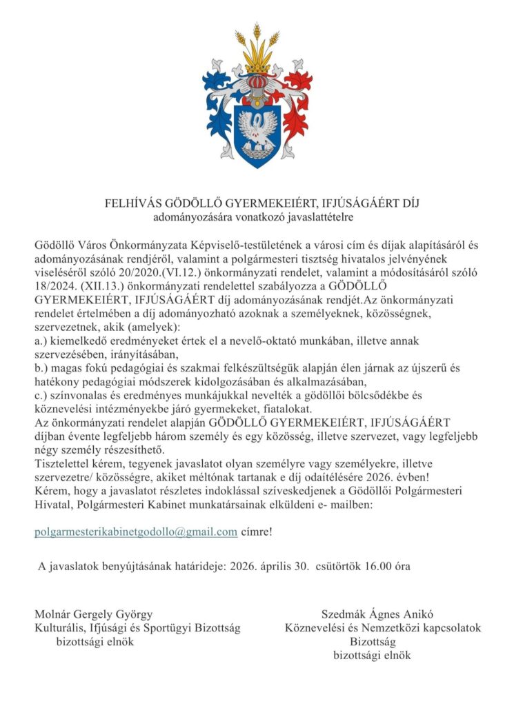 Gödöllő Város Önkormányzata - FELHÍVÁS GÖDÖLLŐ GYERMEKEIÉRT, IFJÚSÁGÁÉRT DÍJ adományozására vonatkozó javaslattételre